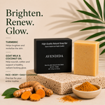 Load image into Gallery viewer, Avenda natural soap bar with turmeric, goat milk, and coconut oil on a neutral background.