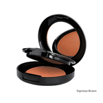 Load image into Gallery viewer, An open round black makeup compact showing a foundation powder in espresso brown, with a mirror visible in the lid, on a white background with the text 'Espresso Brown' in the lower right.