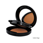 Load image into Gallery viewer, An open round black makeup compact showing a foundation powder in a warm golden beige shade, with the mirror visible in the lid. The text 'Golden Beige' appears in the bottom right corner on a plain white background.