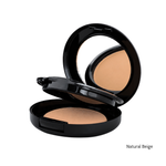 Load image into Gallery viewer, An open black makeup compact showing a pressed powder in a warm natural beige shade, with a mirror on the inside of the lid. The text 'Natural Beige' appears in the bottom right corner on a plain white background.