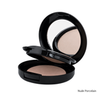 Load image into Gallery viewer, An open black makeup compact showing a pressed powder in a warm light beige shade, with a mirror visible inside the lid. The text 'Nude Porcelain' appears in the bottom right corner on a plain white background.