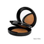 Load image into Gallery viewer, An open black makeup compact showing a warm toffee brown foundation powder, with a mirror in the inner lid, on a white background with the text 'Warm Toffee' in the bottom right corner.