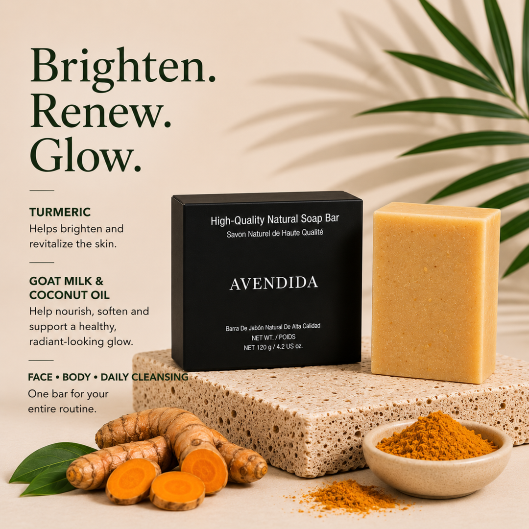 Avenda natural soap bar with turmeric, goat milk, and coconut oil on a neutral background.