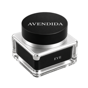 A square cosmetic jar with a black lid and black front panel, a silver metallic band, and a clear glass base. The lid is printed with the brand name 'AVENDIDA' in white, and the front panel is printed with 'EYE'.