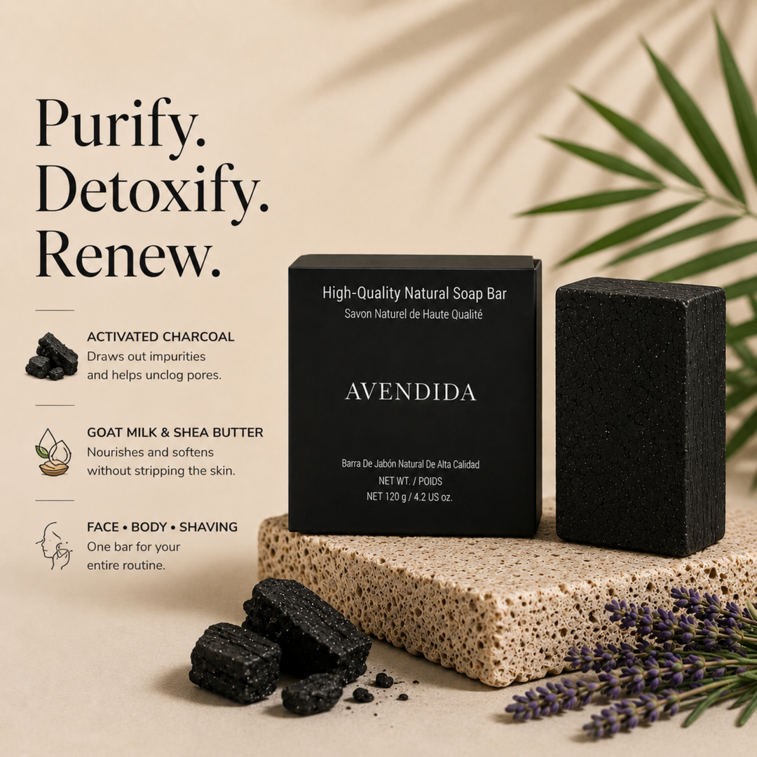 Avendida natural soap bar with activated charcoal on a beige background