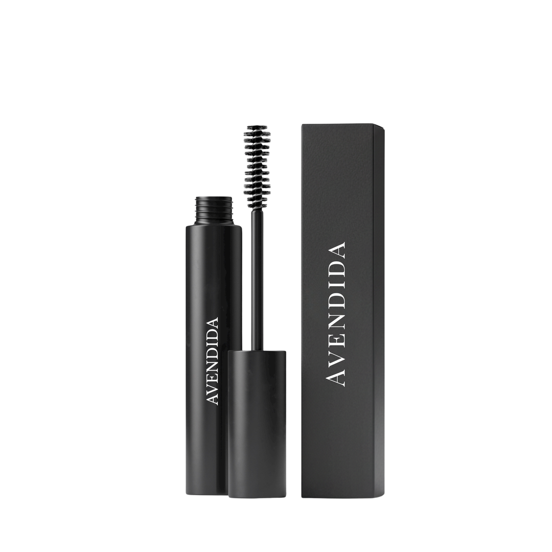 Black Avendida Essential Mascara with brush and packaging on a white background