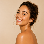 Woman with a radiant smile against a beige background