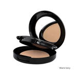Load image into Gallery viewer, An open black makeup compact showing a warm ivory pressed powder and mirror, with the text 'Warm Ivory' in the bottom right corner, on a white background.