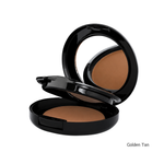 Load image into Gallery viewer, An open round makeup compact showing a foundation powder in a golden tan shade, with a mirror on the inside of the lid. The compact case is glossy black, and the text 'Golden Tan' appears in the bottom right corner on a plain white background.