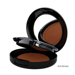 Load image into Gallery viewer, An open round black makeup compact showing a warm bronze foundation powder and mirror, with the text 'Rich Bronze' in the lower right on a white background.
