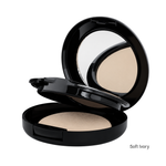 Load image into Gallery viewer, An open black makeup compact showing a pressed powder in a light ivory shade, with a mirror in the lid. The text 'Soft Ivory' is printed in the bottom right corner on a plain white background.