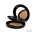 Load image into Gallery viewer, An open black round compact powder foundation with a mirror on the inside lid, showing a light tan pressed powder labeled 'warm Bronze' on a white background.