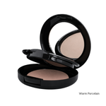 Load image into Gallery viewer, An open black makeup compact showing a warm beige pressed powder with a mirror in the lid, labeled 'Warm Porcelain' on a white background.
