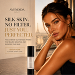 Load image into Gallery viewer, Avendida Beauty product advertisement with a woman and text about silk skin and primer.
