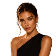 Woman wearing a black one-shoulder dress with beautiful makeup against a white background
