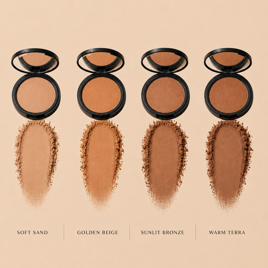 Set of compact powders with color swatches on a beige background