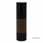 Load image into Gallery viewer, A bottle of AVENDIDA liquid foundation in the shade Dark Espresso, featuring a dark brown liquid visible through a clear cylindrical bottle with a glossy black cap and base, set against a plain white background.