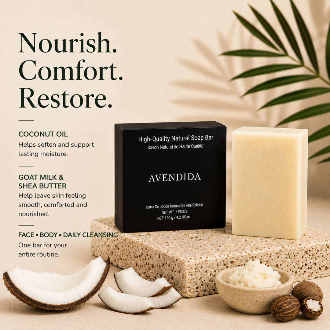 AVENDIDA soap bar with coconut, shea butter, and other natural elements on a neutral background