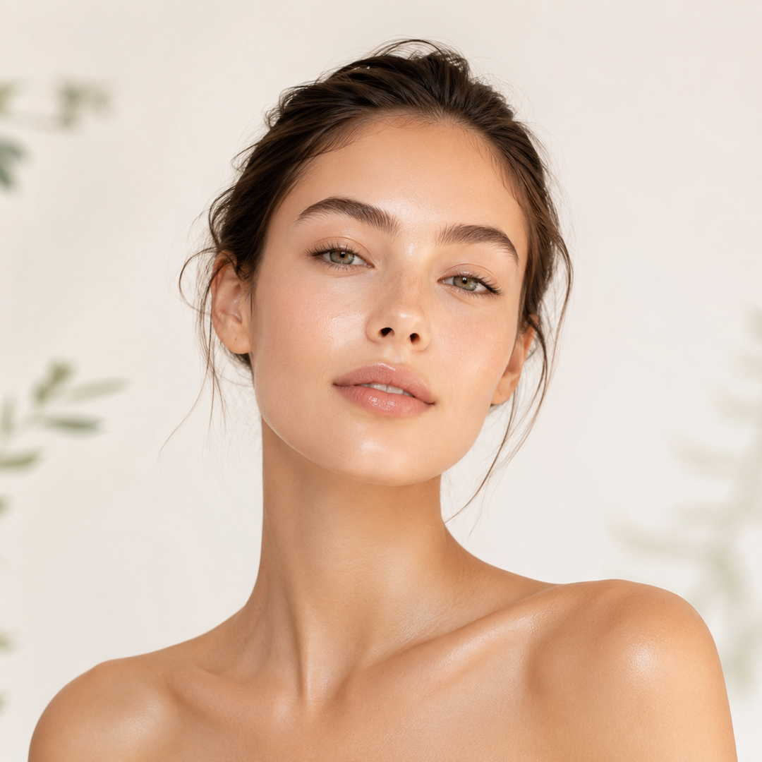 Woman with a natural makeup look against a neutral background